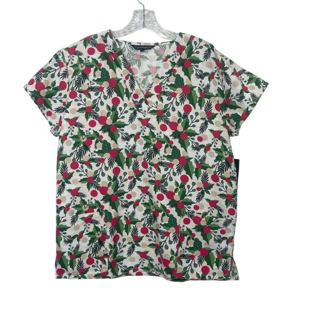 Cassandra O Holiday Print Scrub Top Shirt Womens Small Red Green New